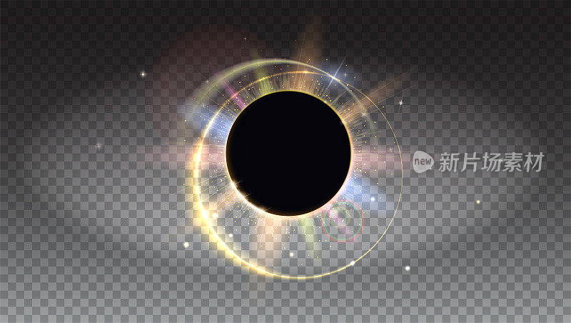 Bright and colored light rays and lens flare backdrop. Solar eclipse, astronomical phenomenon - full sun eclipse. Star burst with sparkles. Horizontal, Isolated on transparent